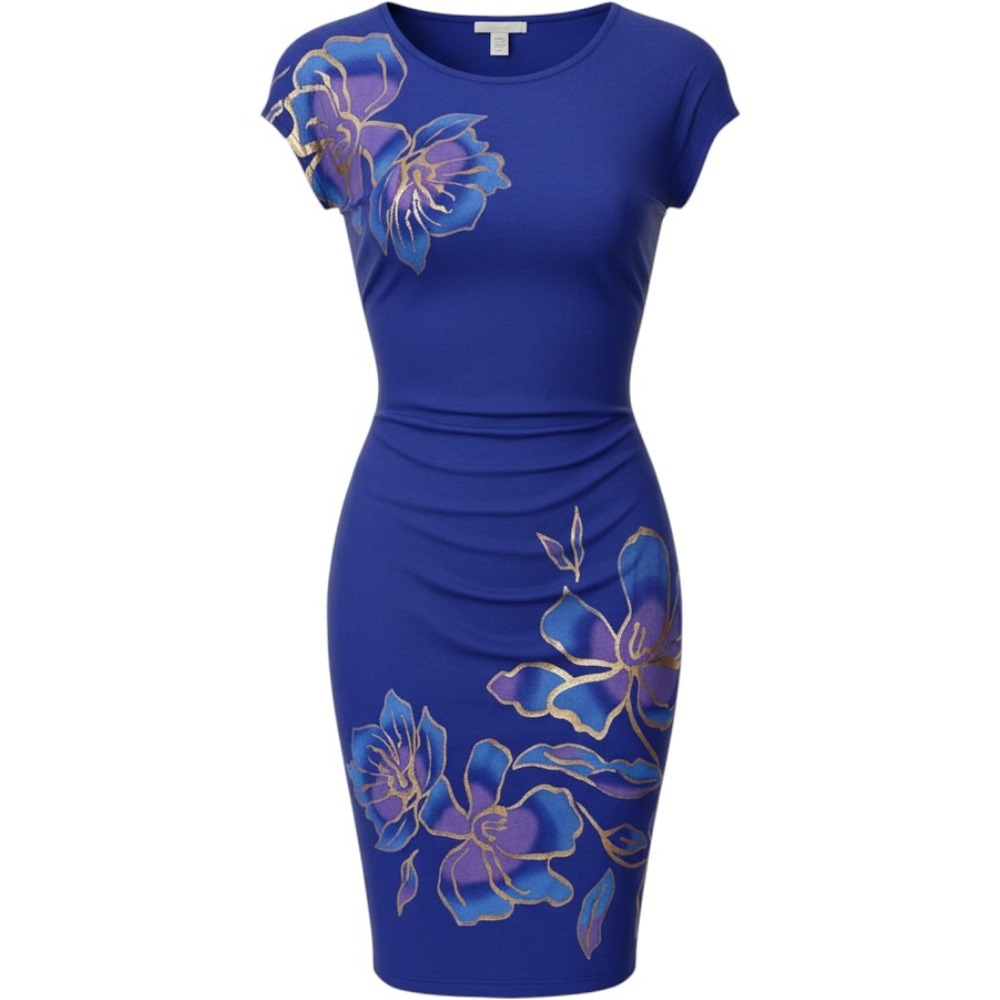 Cache Sheath Dress Large Royal Blue Floral Metallic Ruched Cap Sleeve
